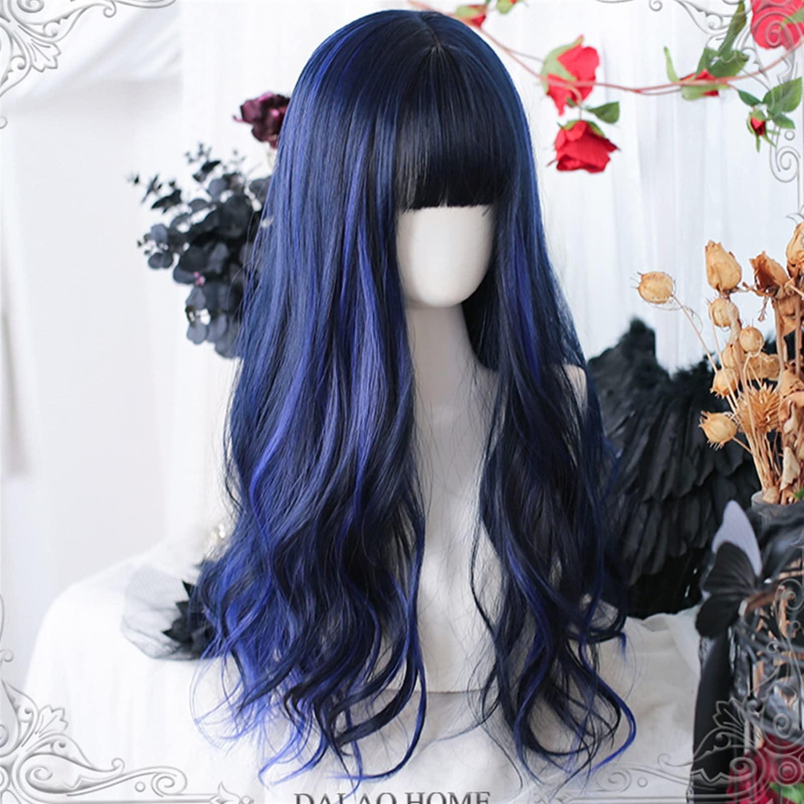 GRFIT GRFIT Wigs Black Blue Wigs with Neat Bangs for Women, Long Curly Wavy Hair Wig with Bangs Natural Synthetic Cosplay Replacement Wig Lace Wigs