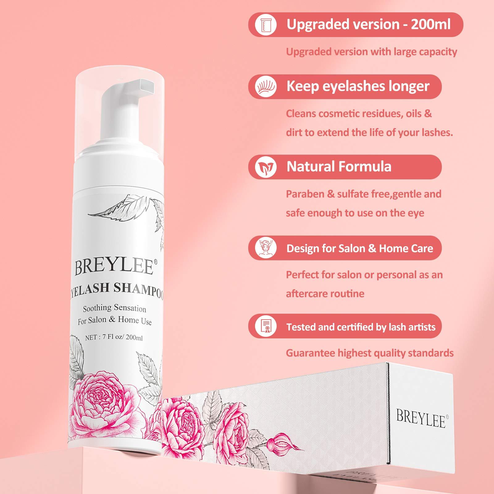 BREYLEE Eyelash Extension Cleanser, BREYLEE Eyelash Extension Shampoo Eyelash Extension Foam & Brushes Eyelid Cleanser for Makeup Remover Paraben & Sulfate Free for Salon and Home Use(200ml, 7 fl oz)