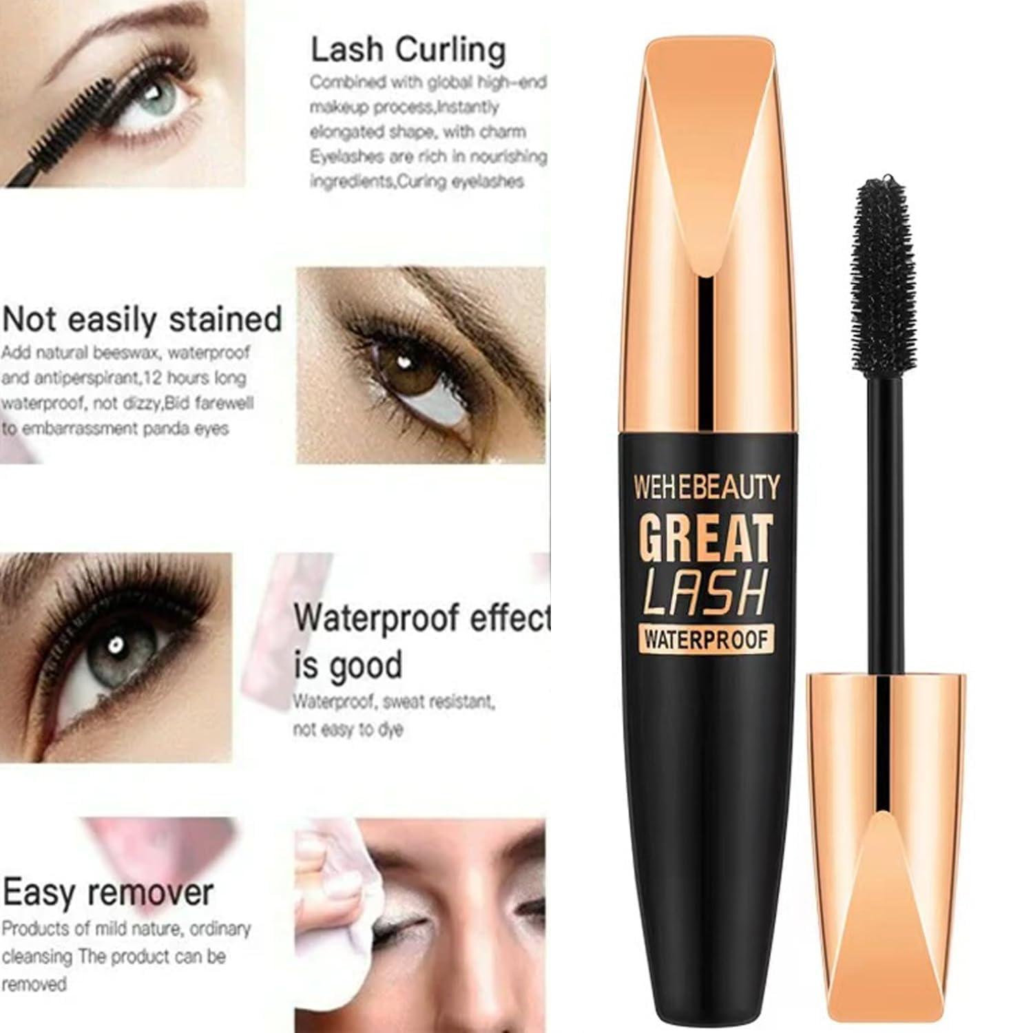 JIYEHG Wehebeauty Great Lash Waterproof mascara, Black Mascara Eyeliner Set, 4D Waterproof Silk Fiber Thick Lengthening Mascara, Thickening Natural No Clumping, NO Smudging, Lasting All Day (5 Set)