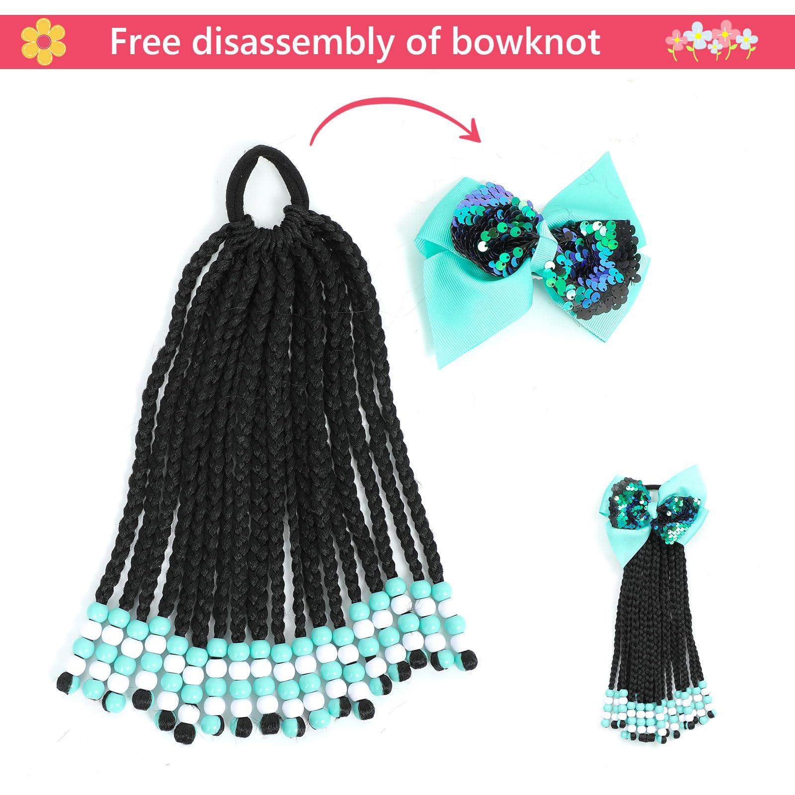 TIHQIEX TIHQIEX Kids Ponytail Extension With Beads Braids Kids Hair Extensions For Girls Braid Ponytail Extension Hair Beads For Kids Girls Kids Hair Accessories For Girls (Box-9inch, Green&White)