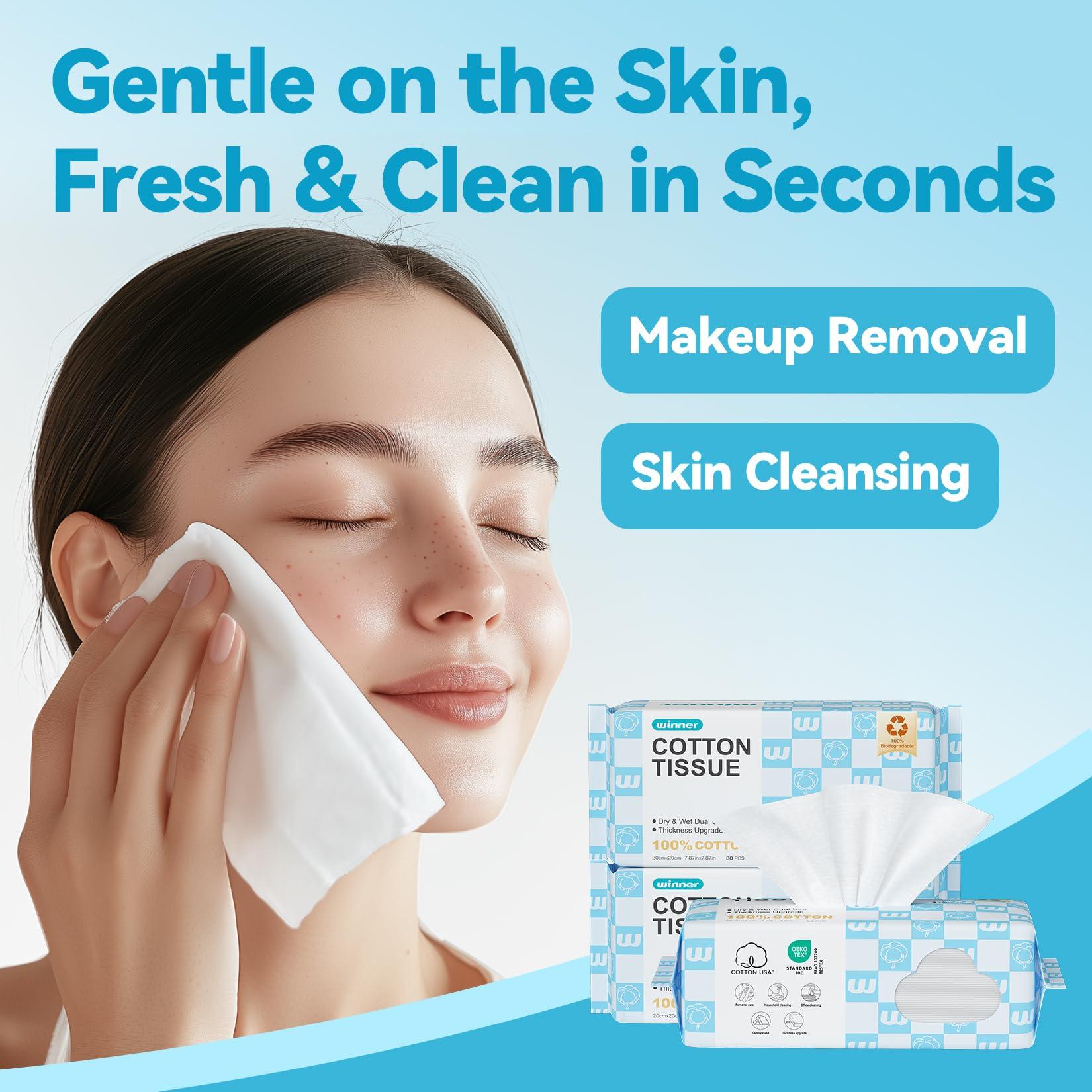 Winner Winner Soft Face Towels, Upgraded Thicker 100% USA Cotton Dry Wipes, Unscented and Gentle on Sensitive Skin, Disposable Makeup Remover and Facial Towelettes (240 Count, Pack of 3)