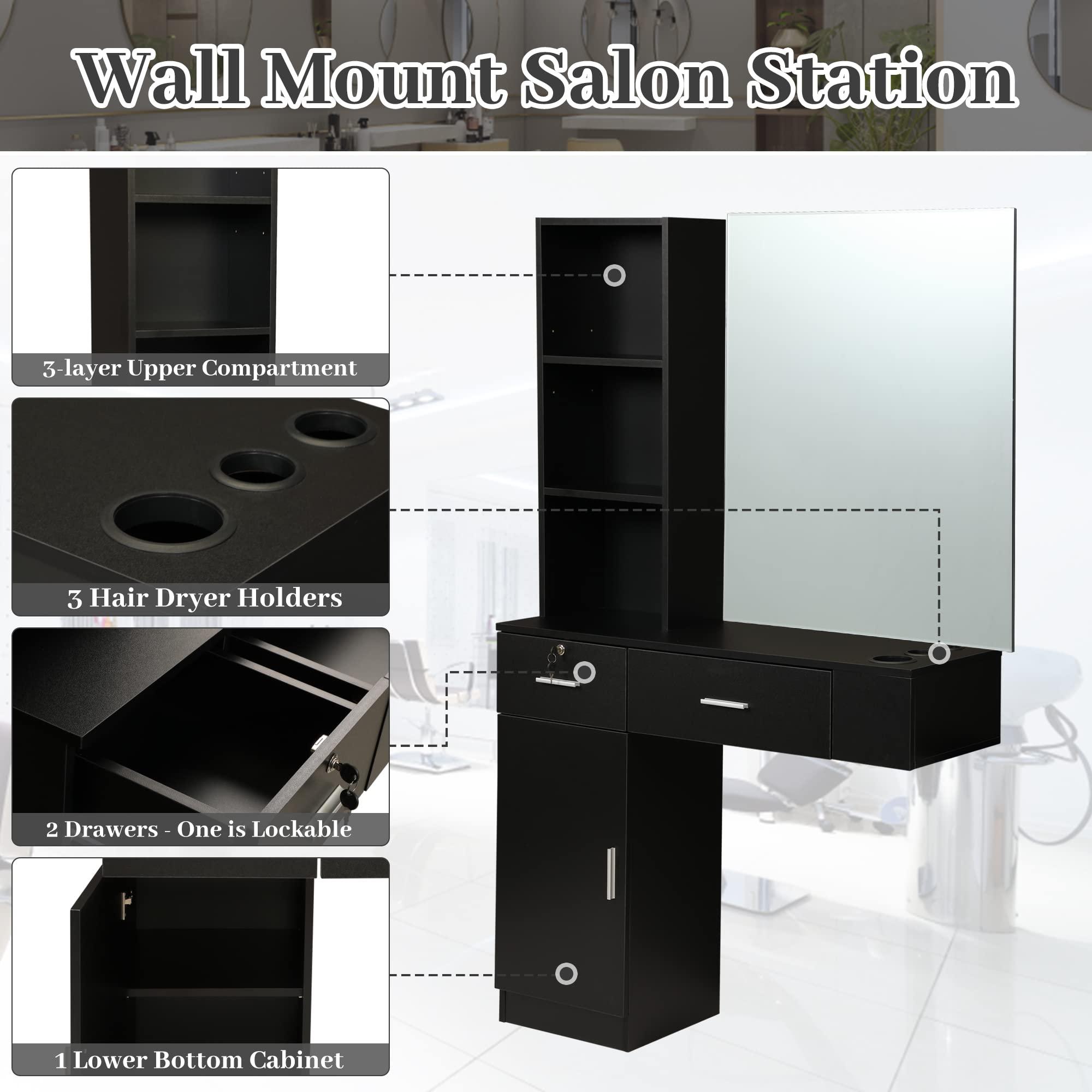RESHABLE RESHABLE Wall Mount Salon Station with Mirror, Beauty Salon Barber Spa Equipment with Mirror, Shelves, Cabinet, Locking Drawers, Table, Standing Hair Styling Furniture, Black