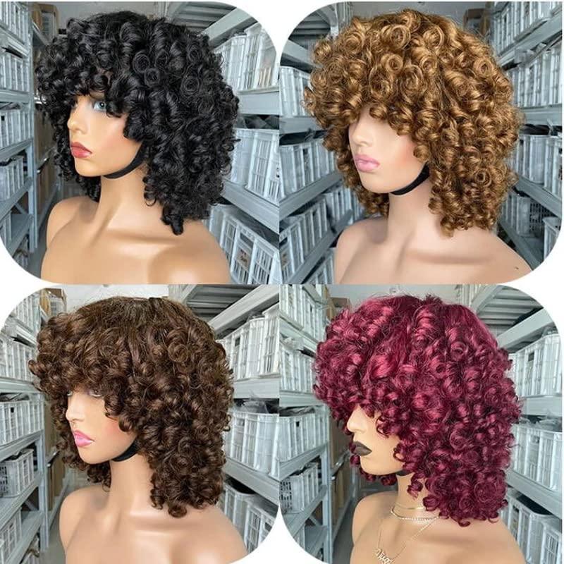 100% human hair Human Hair Curly Wig With Bangs Glueless Short Bob Wigs Curly Wig For Black Women Quality Wig Machine Made Wig With Bangs (8 inches, #2) (8 inches, Color 2)