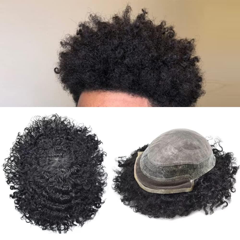 Hair Wonders Hair Wonders Lace Front Afro Toupee for Black Men Kinky Curly Hair Systems for African American Men Injected Breathable Tiny Holes Pu Base Afro Wave Hair Units Durable Non Surgical Hair Replacement Weave Unit for Black Men 8x10 inch Medium Density (1