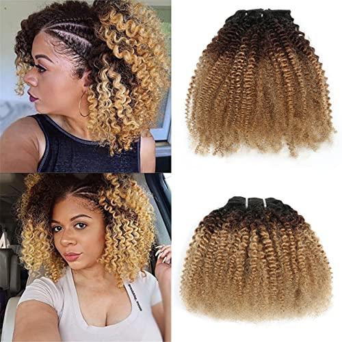 GREEMEO Kinky Curly Human Hair Weave 2 Bundles 12 14 Inch Short Curly Weave Black and Brown and Blonde Ombre 3 Tone Colored Hair Extensions Double Machine Wefted Weaving