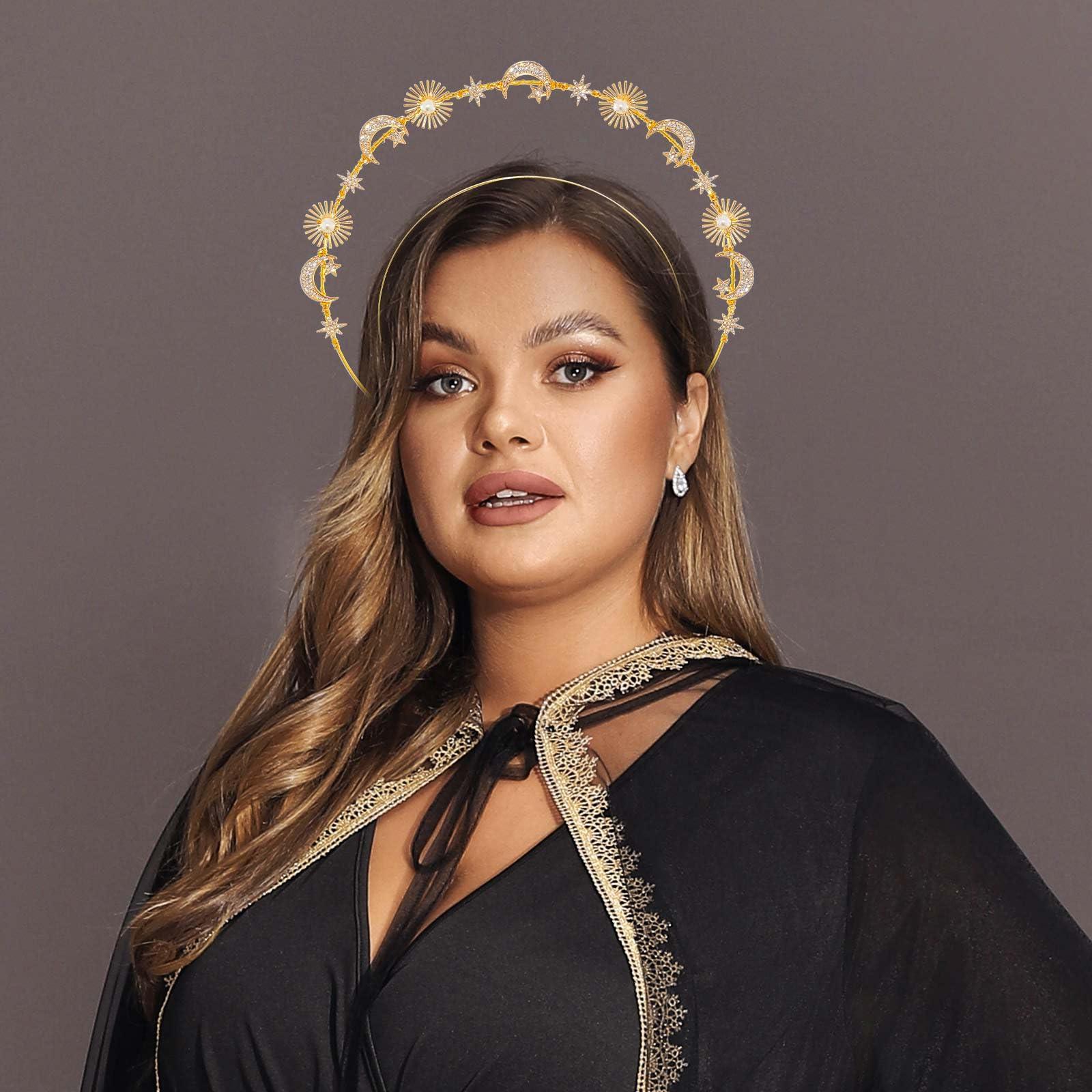 Wosois Wosois Gold Hair Band Rhinestone Hair Bands Crystal Double Loop Hair Bands Sun Star Moon Goddess Statue Hair Bands Seaside Vacation Photography Party Hair Band Accessories (Gold, Free)