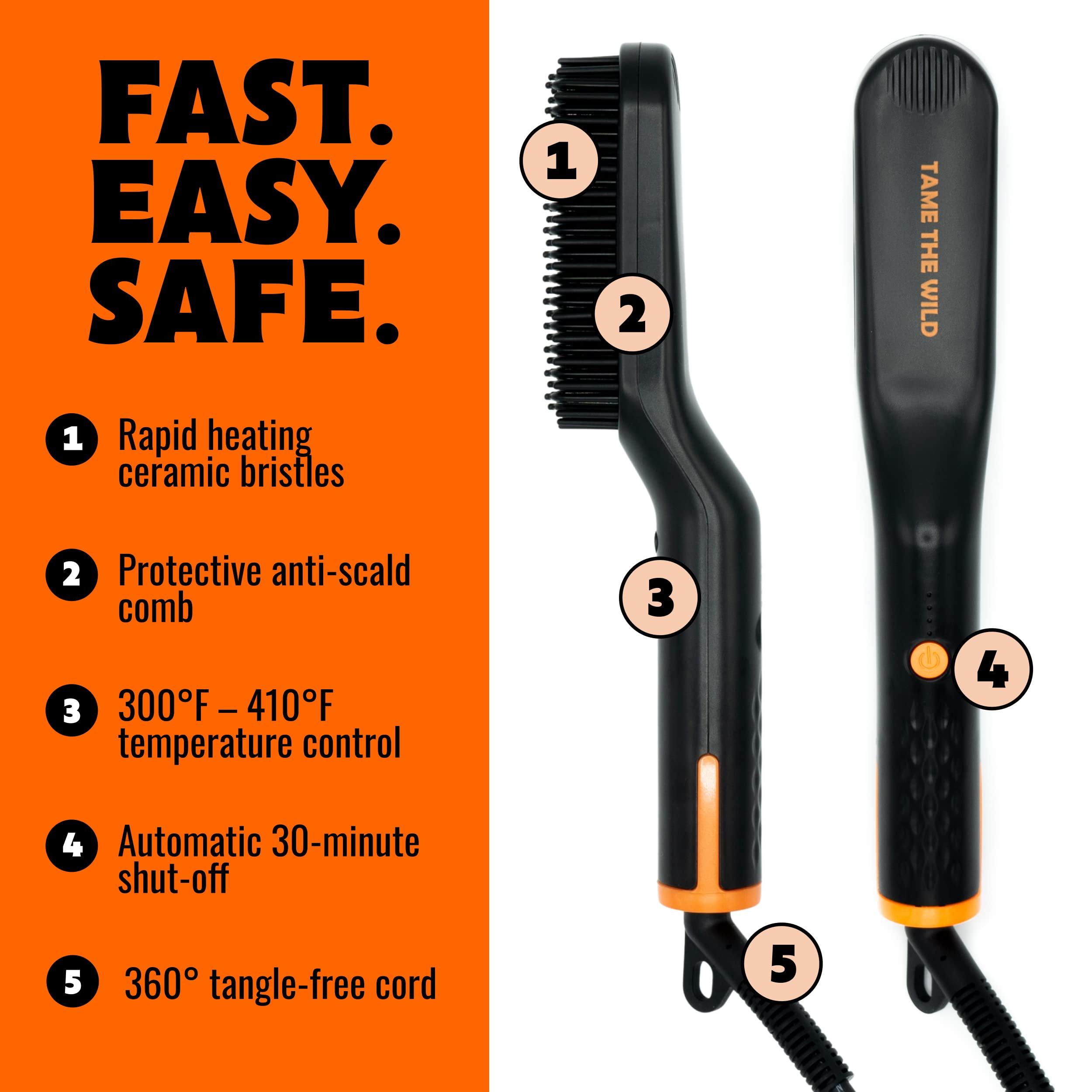 TAME THE WILD MAKE YOUR BEARD BEHAVE Tame the Wild Premium Beard Straightener Kit - Heated Beard Brush for Men - Beard Straightener Comb - Beard Grooming Kit: Beard Heat Protectant Spray, Beard Soap, Beard Balm, Wooden Comb, Storage Case