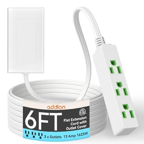 addlon addlon Flat Plug Power Strip with Ultra-Thin Wall Plate, 6 FT Flat Extension Cord with 3 Standard 13A 1625W Outlets, Electrocution Protection, Includes 2 Sets of Fixing Clip, ETL Listed