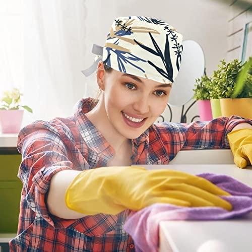 Lyetny Blue and Beige Bamboo Leaves and Flower Oriental Scrub Caps Hats Women Bouffant Working Hat Ponytail Holder for Women Long Hair Covers 2PCS