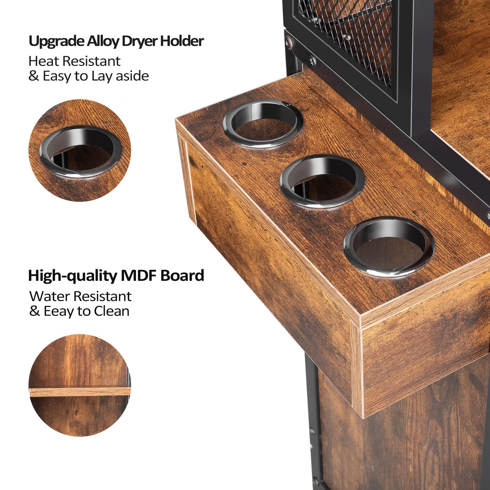 LEADZM LEADZM Salon Station for Hair Stylist, Wall Mount Barber Stations, Hair Styling Storage Cabinet with 3-Tier Open Shelves,1 Drawer, 1 Cabinet & 3 Hot Tool Holders,Rustic Brown