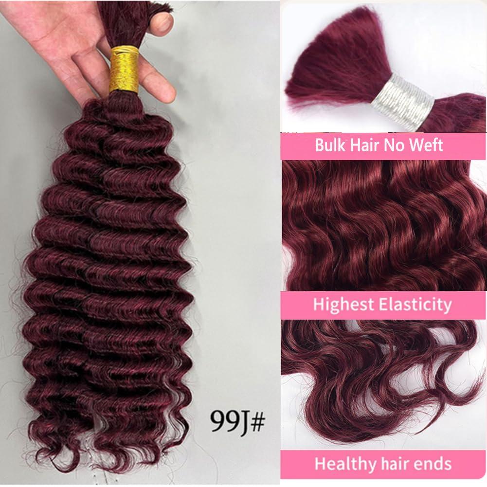 Kiss darling LASHES Hair Bulk Brazilian Human Hair Bulk for Braids Deep Wave Curly Bulk Human Hair for Braiding No Weft Deep Wave Virgin Human Braiding Hair 22inch 99J# (Wine Red)