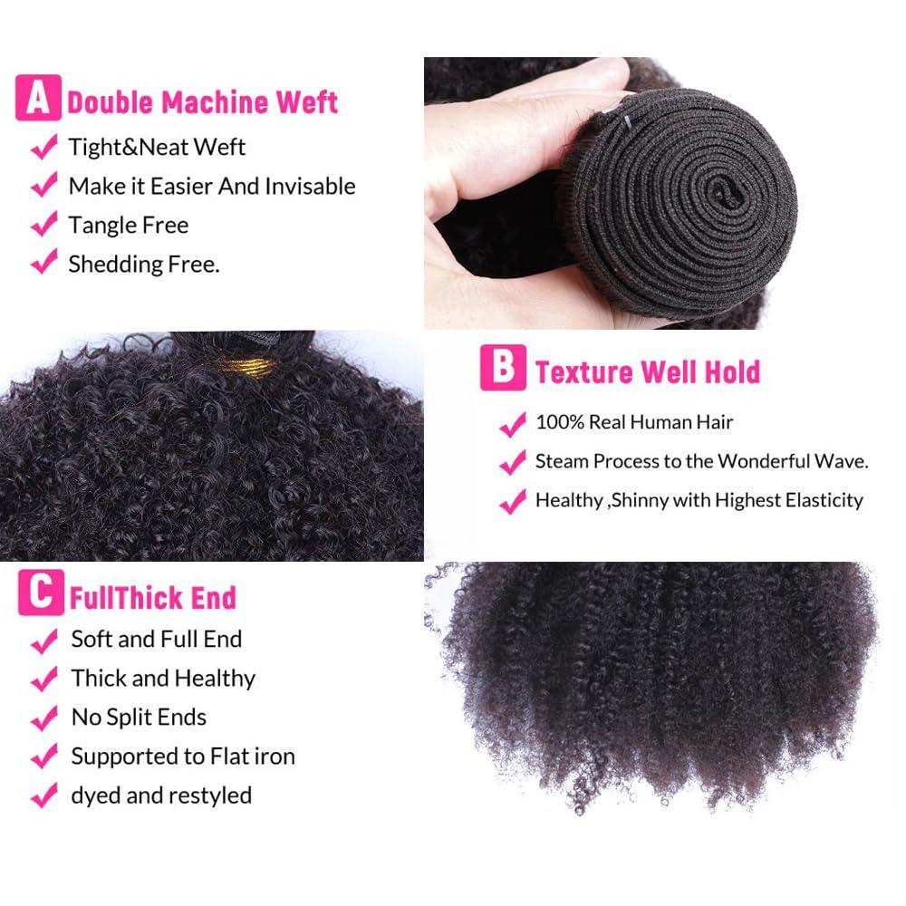 WENYAN Mongolian Afro Kinky Curly Bundles Human Hair 14 Inch 4B 4C Afro Kinky Bulk Human Hair Bundles Unprocessed Virgin Hair Curly Weave Hair Bundles for Women Natural Black