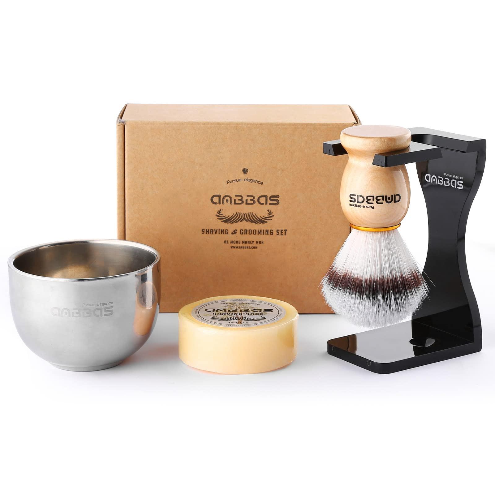 Anbbas Anbbas Shaving Brush Synthetic Badger and 100g Shaving Soap with Bowl Stainless Steel,Black Acrylic Shaving Stand Holer for Man Wet Shave Kit