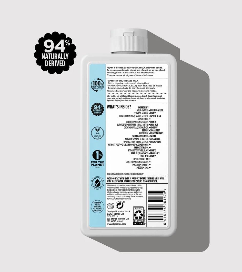 Rhyme & Reason Rhyme & Reason Repair and Restore Shampoo & Conditioner Combo. 13 Fl. Oz. Each bottle. For Dry Damaged Hair. Hydrate Repair. Vegan Cruelty Free., Clear