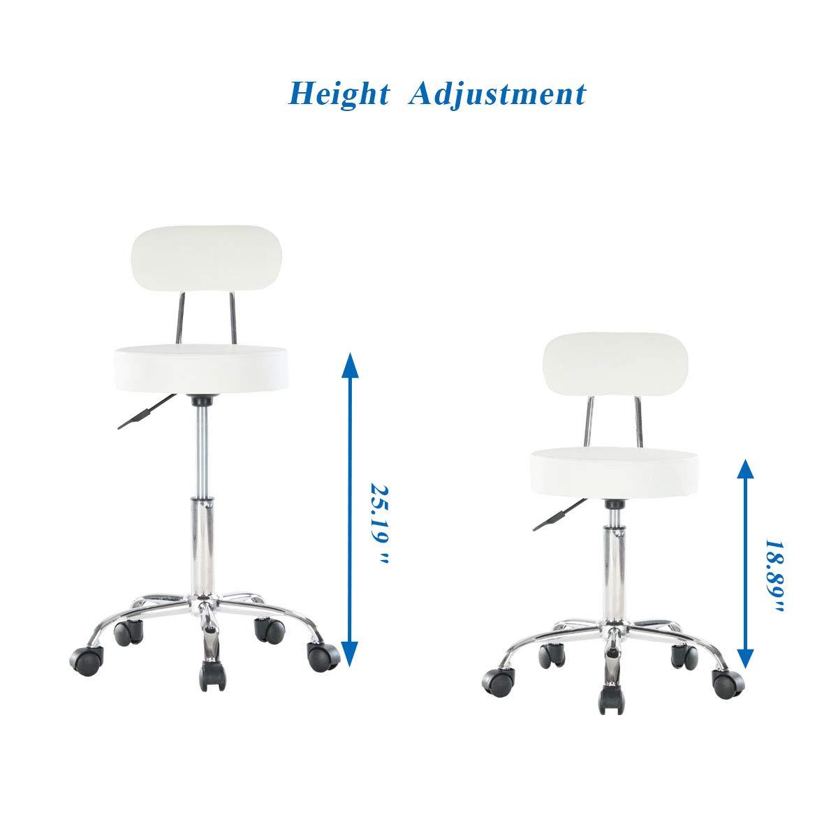 Artechworks Artechworks Adjustable Rolling Swivel Massage Stool for Salon Spa Tattoo Facial Medical Office Chairs with Backrest Wheels and Metal Plate Frame White (1 Pcs)