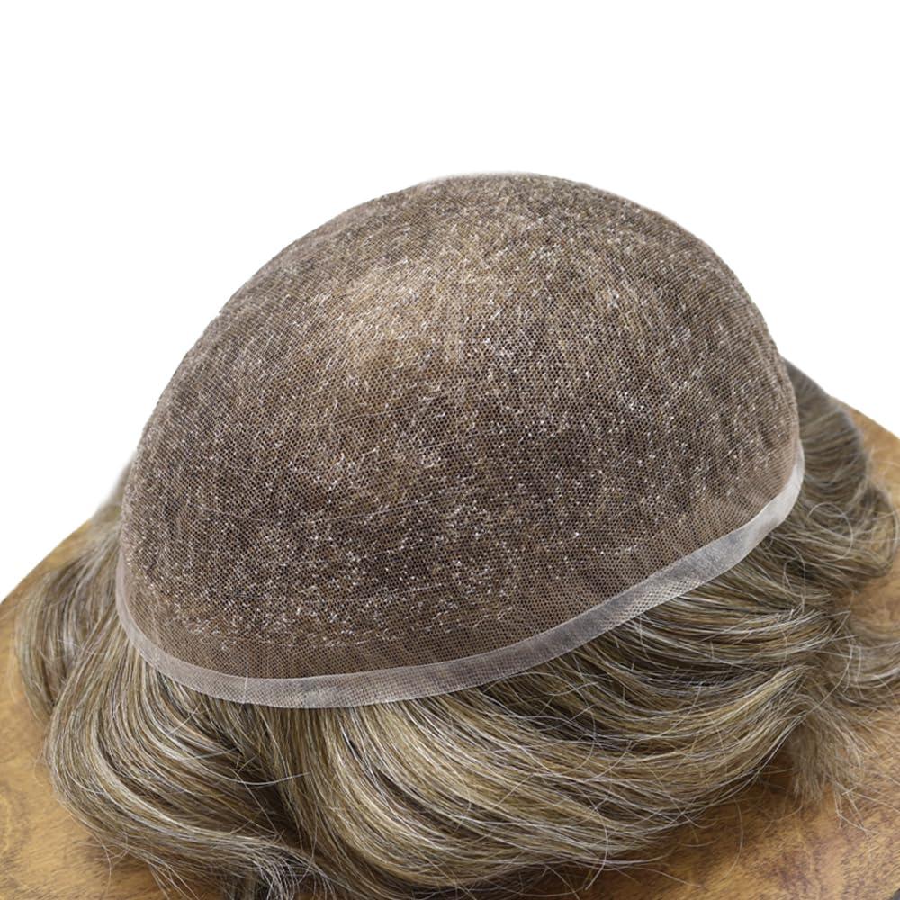 Generic Mens Toupee Men Hair System All French Lace Mens Hairpiece Soft And Breathable Lace Toupee For Men Hair Replacement System For Men Human Hair 7\"X9\" #530 Light-Med Brown+30% Gray-100% Density