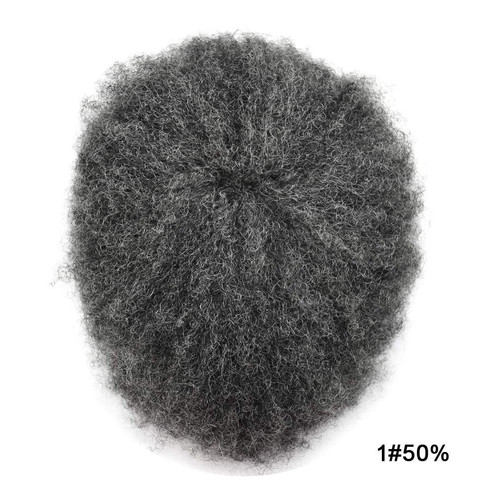 RESHE Wave Hair Unit Black Men Afro Toupee Kinky Curly Hair Replacement System Human Hair Piece For Black Men Afro Hair System African American Toupee 8\'\'X10\'\' 6MM Afro Wave #1B50 #1B OFF BLACK + 50% GREY
