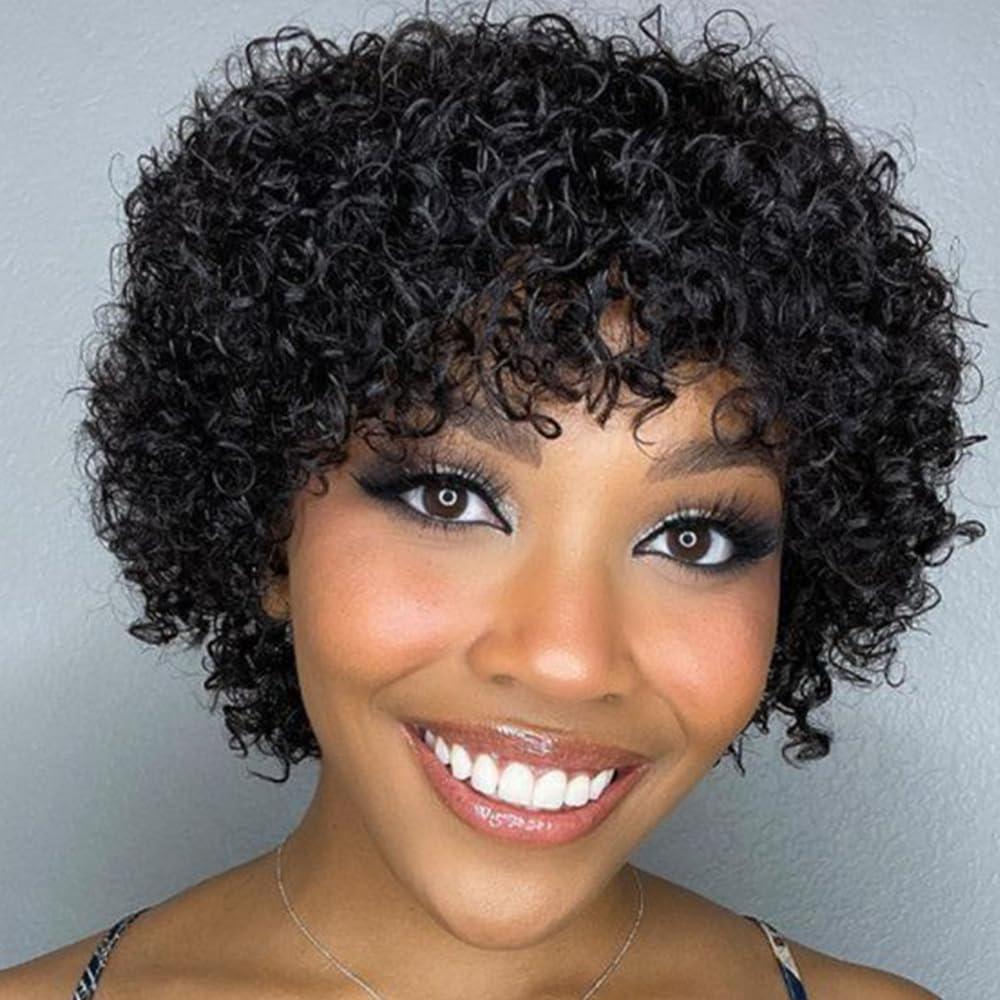 Afinska Afinska Kinky Curly Human Hair Wig Pixie Bob Cut Wig With Bangs Short Pixie Human Hair Wig Curly Pixie Cut Wig Human Hair Natural Black Brazilian Glueless Short Wig Bob Wigs Human Hair
