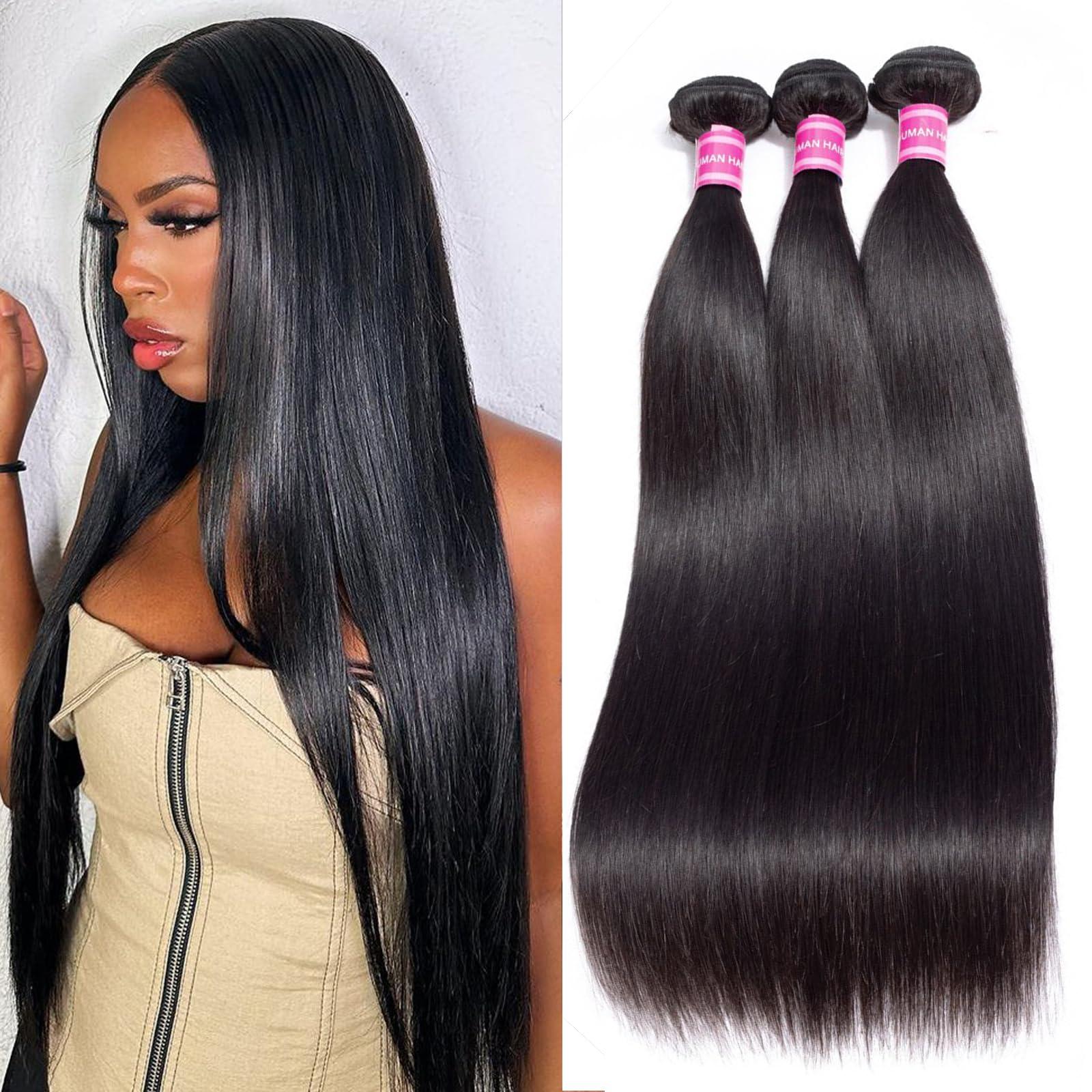 PINJUOO PINJUOO Hair Bundles 26 Inch Brazilian Straight Bundles Human Hair Quick Weave 3 Bundles 100% Unprocessed Raw Virgin Hair Bundles Natural Black Color Remy Hair Extensions Same Length for Women
