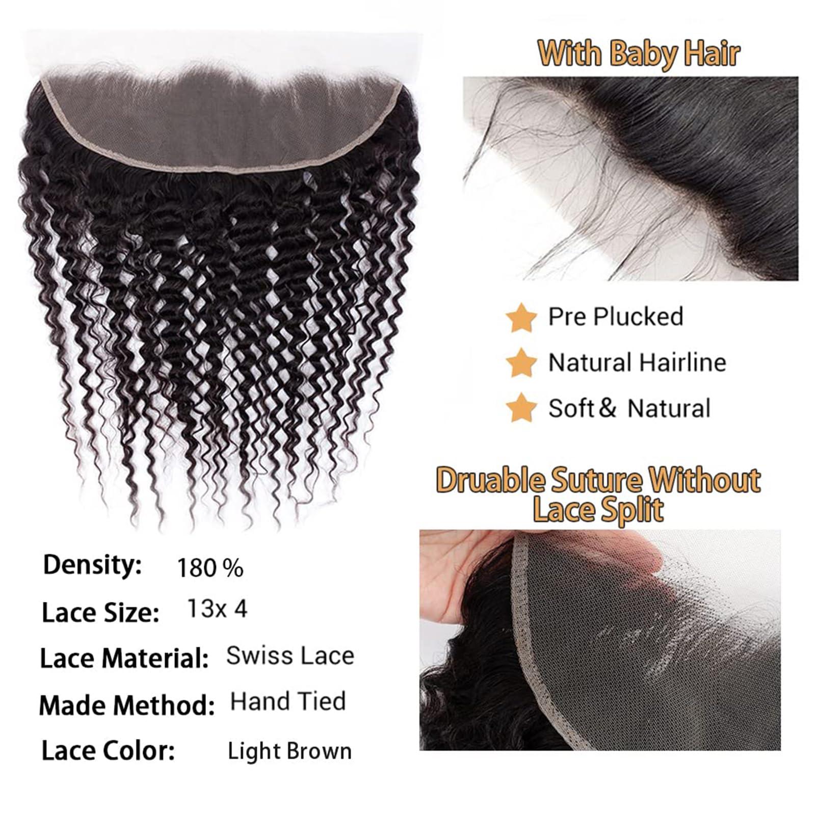 ROYAL IMPRESSION Deep Wave Ear To Ear 13x4 HD Lace Frontal Closure 100% Unprocessed Brazilian Virgin Human Hair Swiss Lace Frontal Closure 180% Density Brazilian Deep Curly Frontal Closures Natural Color (22 Inch)