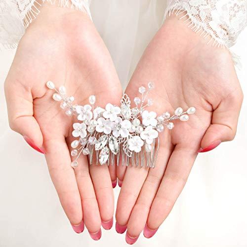 Barode Barode Bridal Wedding Hair Comb Flower Silver Sparkly Rhinestone Side Combs Crystal Bride Leaf Pearl Hair Accessories for Women and Girls (Silver)