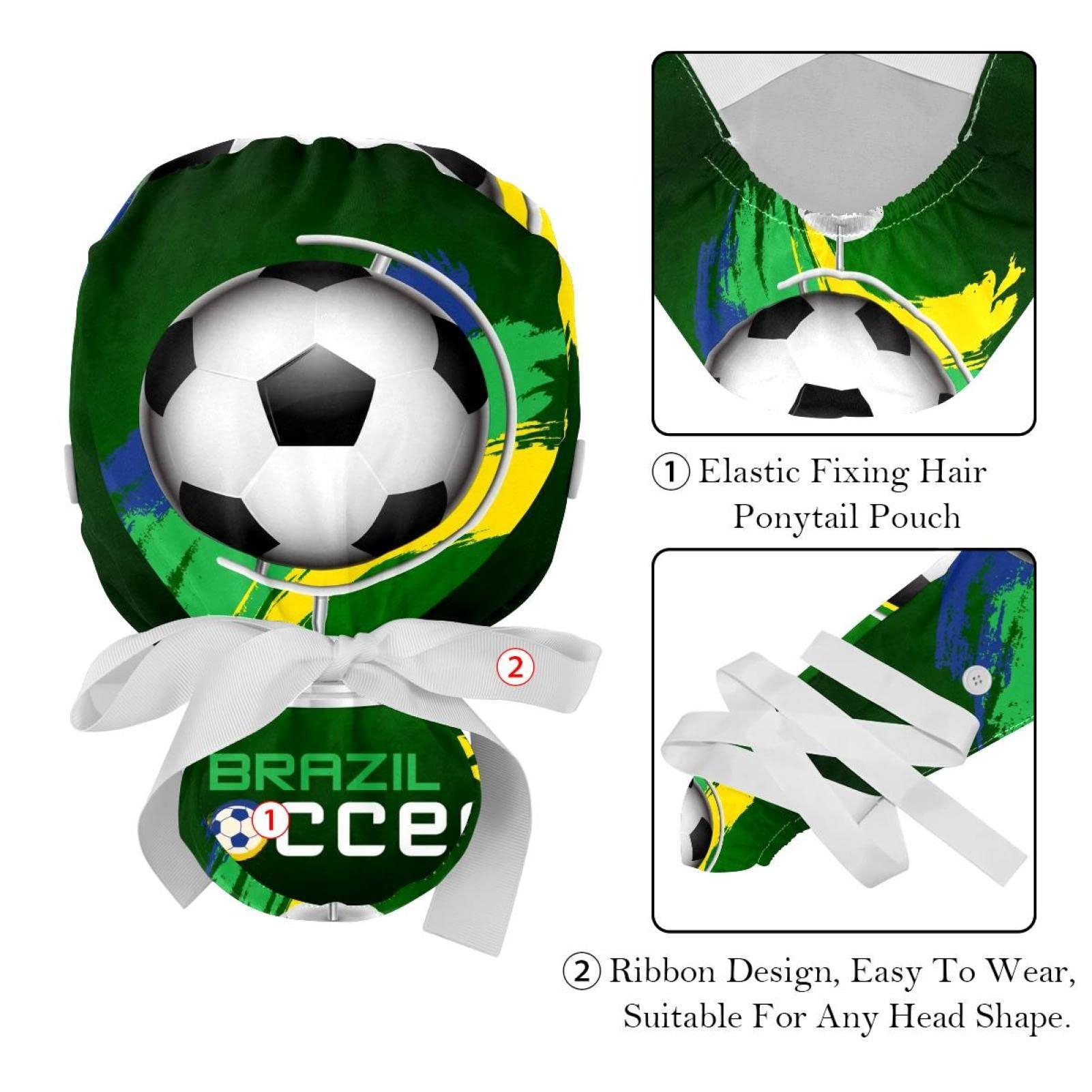 Lyetny Brazil Soccer Scrub Caps Hats Women Bouffant Working Hat Ponytail Holder for Women Long Hair Covers 2PCS