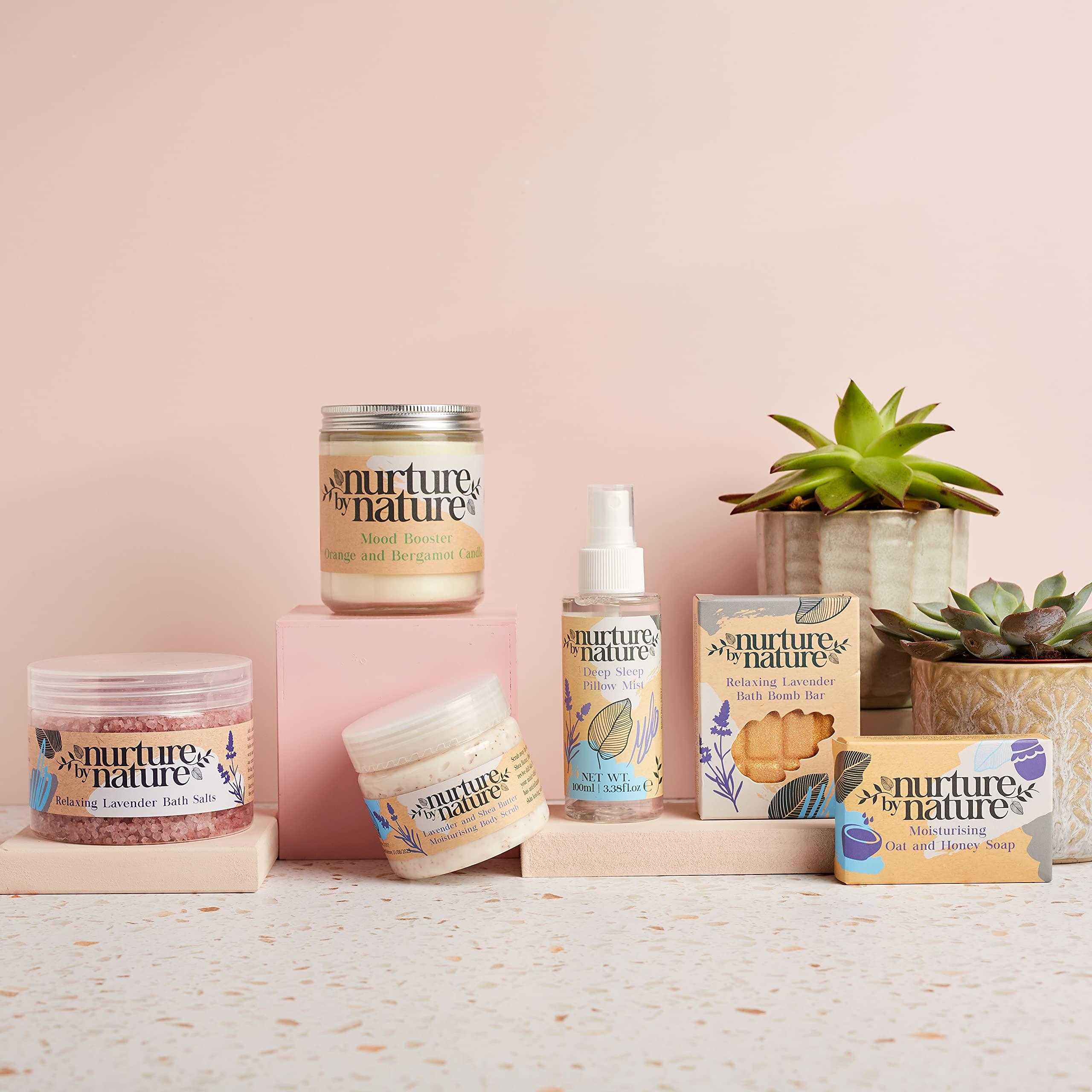 Nurture by Nature Botanicals Nurture by Nature RELAX & CALM Spa Kit, Spa Gift Baskets For Women - Complete Bath Sets for Women Gift - Lavender Pillow Mist, Bath Salts, Soap, Bath Bomb, Candle, Body Scrub - Self Care Gift Basket