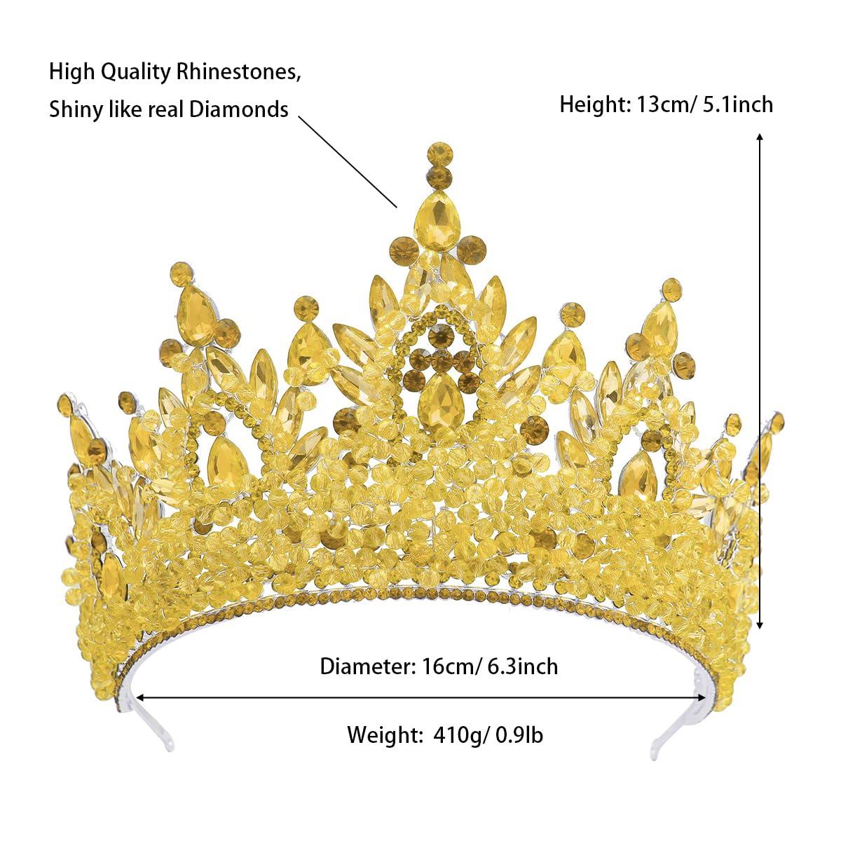 QXMYOO Tall Pageant Crowns for Girls Yellow Stones Royal Queen Tiaras for Adult Extra Large Wedding Headband Princess Quinceanera Prom Costume Cosplay Headpieces