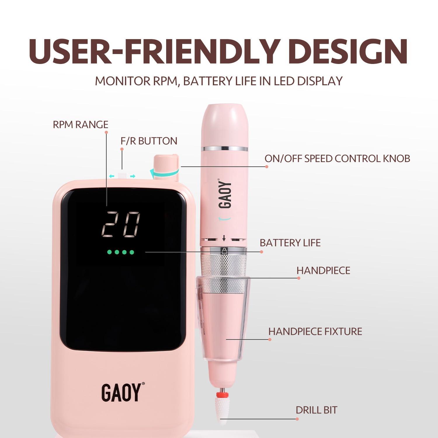 GAOY GAOY Rechargeable Cordless Nail Drill for Beginners, Electric Nail File with 12 Drill Bits and Sanding Band Set for Acrylic and Gel, Pink