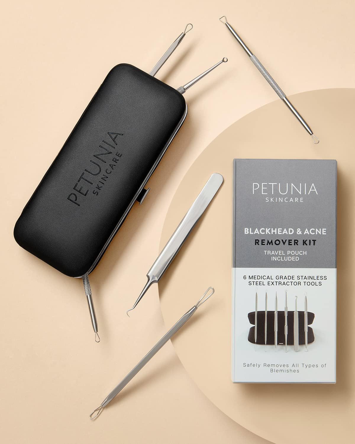 PETUNIA SKINCARE 6 Piece Set Pimple Popper Blackhead Remover and Acne Extractor Kit Specifically Treats Face Blemishes Zits and Whiteheads - Perfect Stocking Stuffer, Includes Giftbox and Travel Case