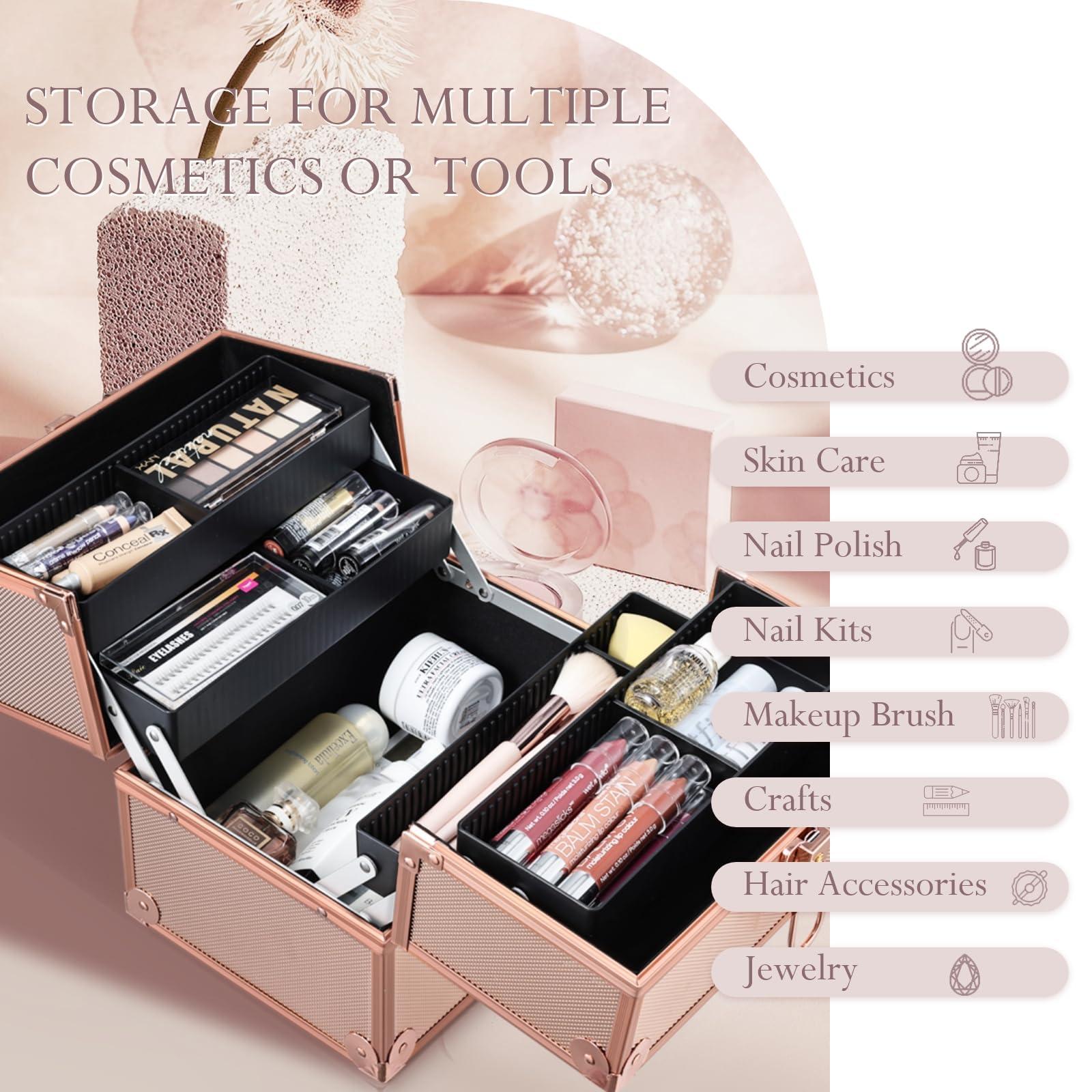 FRENESSA FRENESSA Makeup Train Case Makeup Case Travel Cosmetic Box Organizer Portable Make Up Box with Dividers Lockable for Artist Nail Sewing Vanity Storage Makeup Travel Case Rose Gold