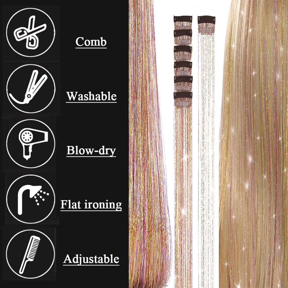 Newfacefure Gold Clip in Hair Tinsel Extensions Kit Heat Resistant, 19 Inch Glitter Fairy Tinsel for Hair with 6 Packs Clips on,Sparkly Hair Tensile Extension Accessories for Women Girls Kids(GOLD)