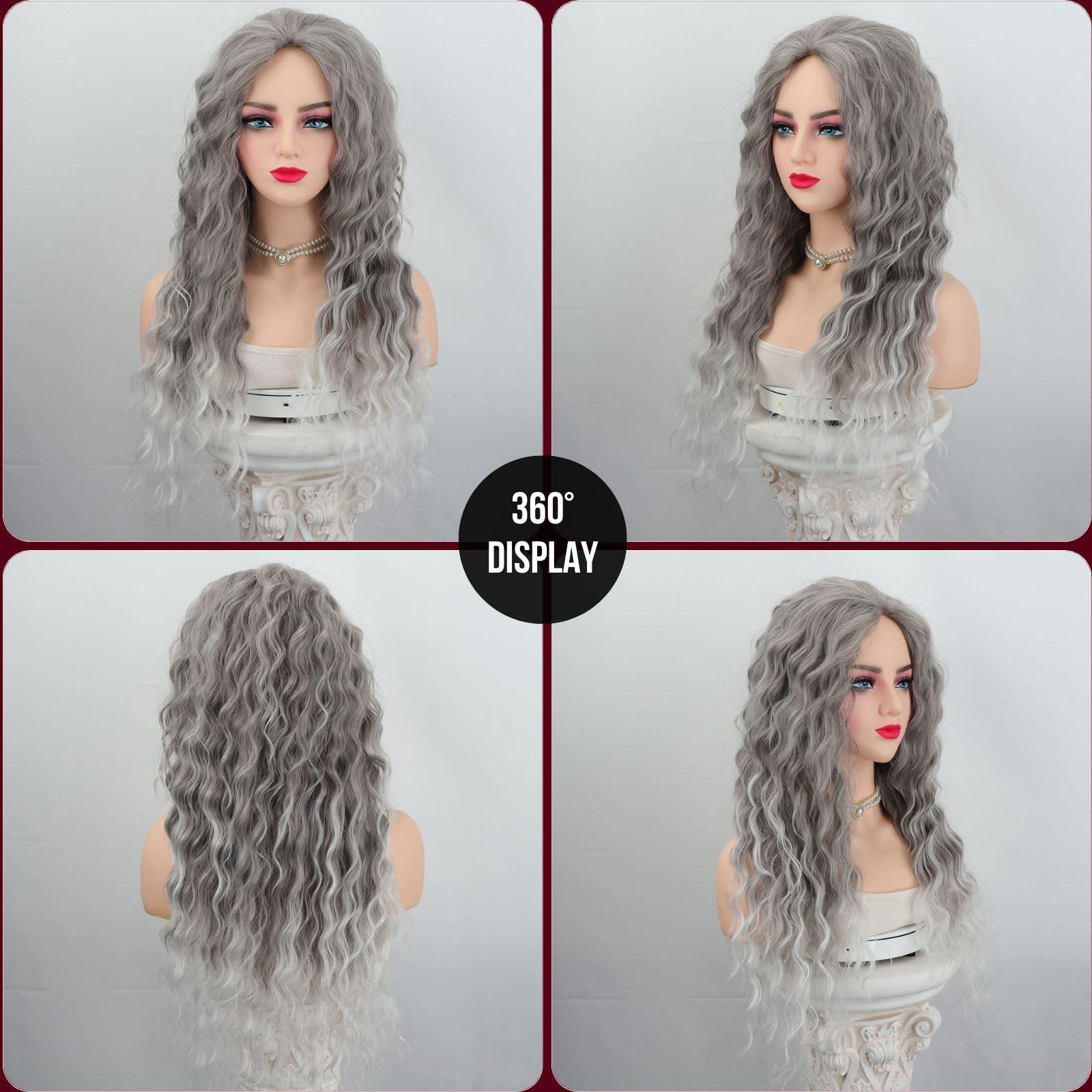 Fencca Fencca Grey Long Curly Wig Synthetic Mixed Gray Wave Curly Wigs for Women Free Part Full Curly Wig Layered Long Wavy Grey Wig