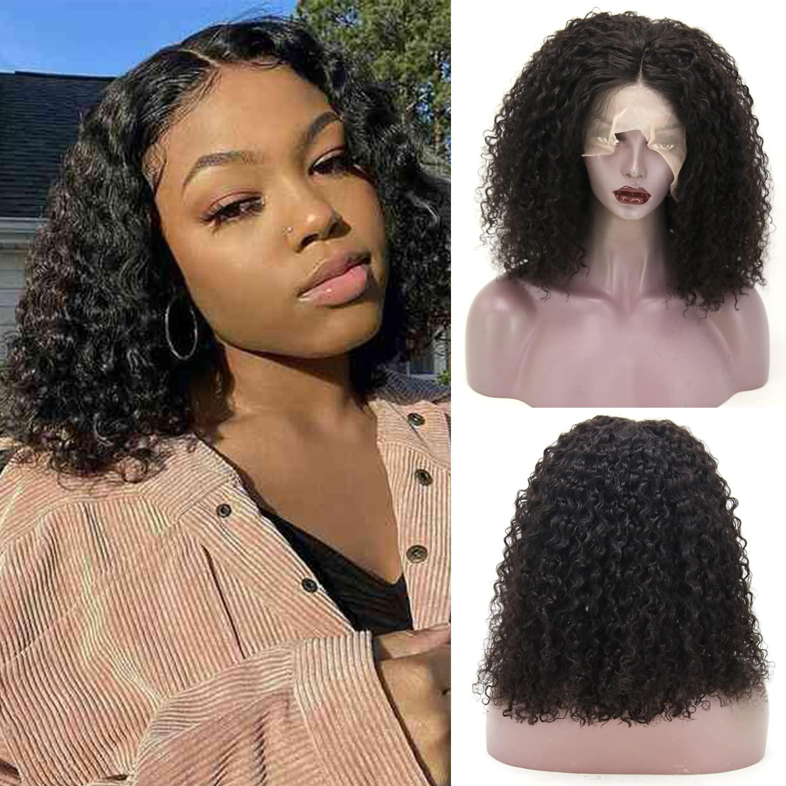zigzag hair zigzag hair Short Bob Curly Lace Front Wig Human Hair for Black Women 180% Density Loose Deep Curly HD Transparent 13x4 Lace Wig Middle Part Pre Plucked with Baby Hair (16 Inch, Curly)