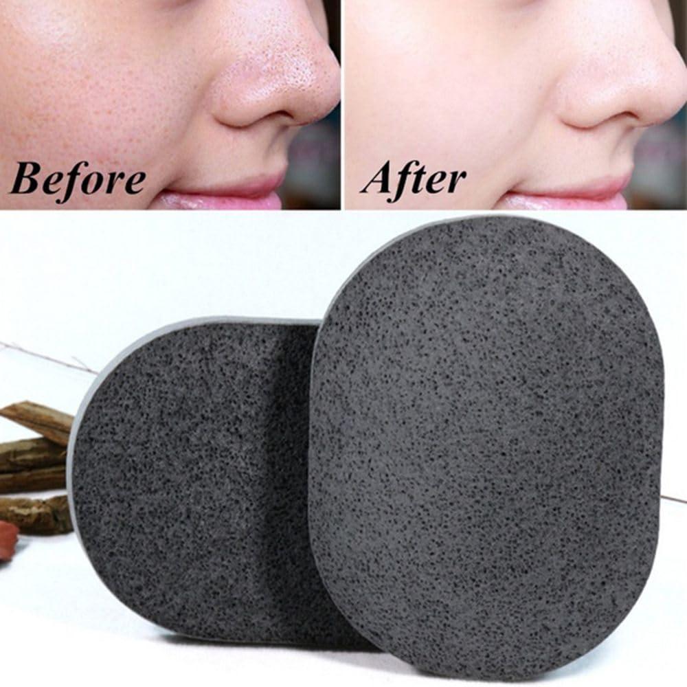 MinLia Black Round Bamboo Charcoal Sponge Powder Puff, Washing Puff Sponge for Daily Facial Cleansing and Exfoliating
