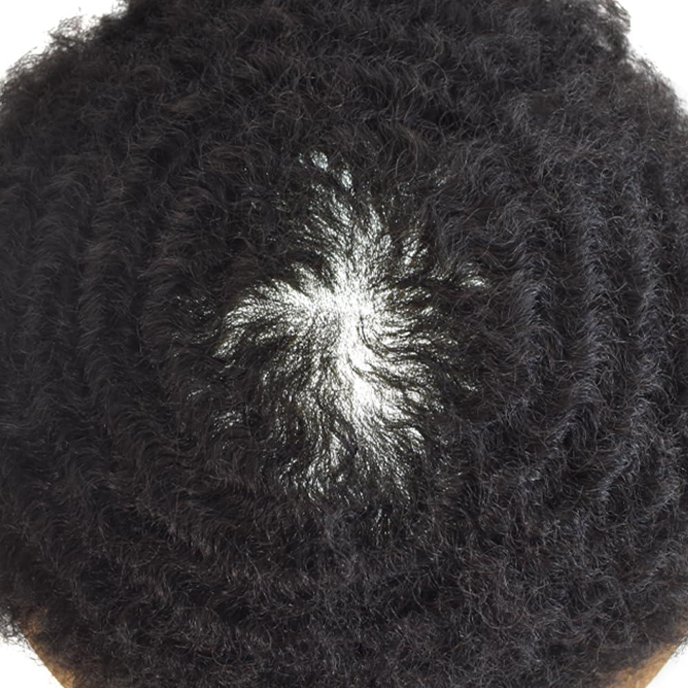 Hair Wonders Afro Toupee For Black Men Poly Skin Man Weave Hair Unit Black Men Mens Toupee Human Hair Kinky Curly Hair Toupee For Men African American Afro Toupee Gray Black Hair (1# JET BLACK-14mm afro wave)