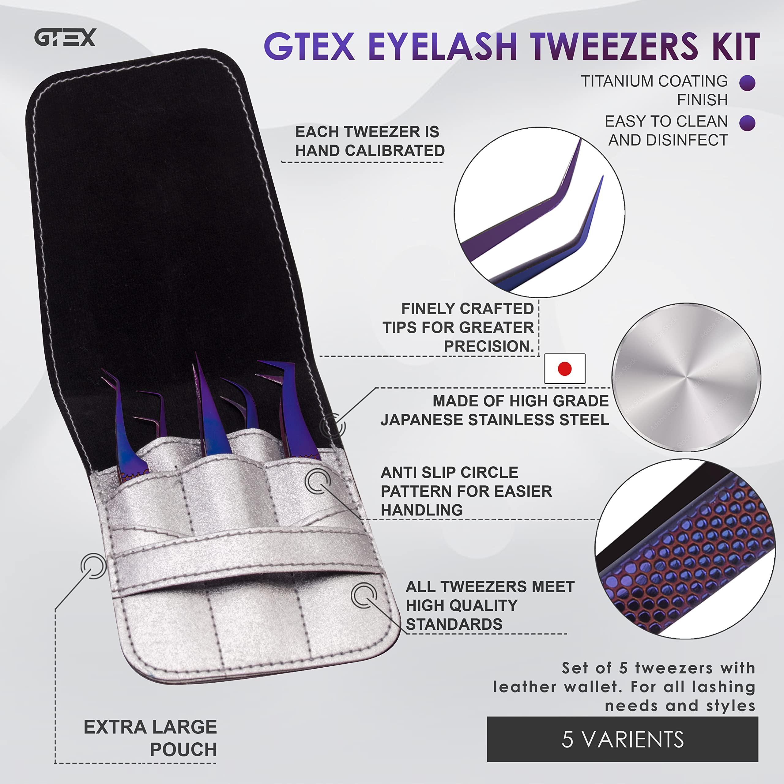GTEX GTEX Lash Tweezers For Eyelash Extensions Tweezers, Circle Grip - Japanese Steel - Professional Eyelash Tweezers For Extensions, 5 Pack - Purple