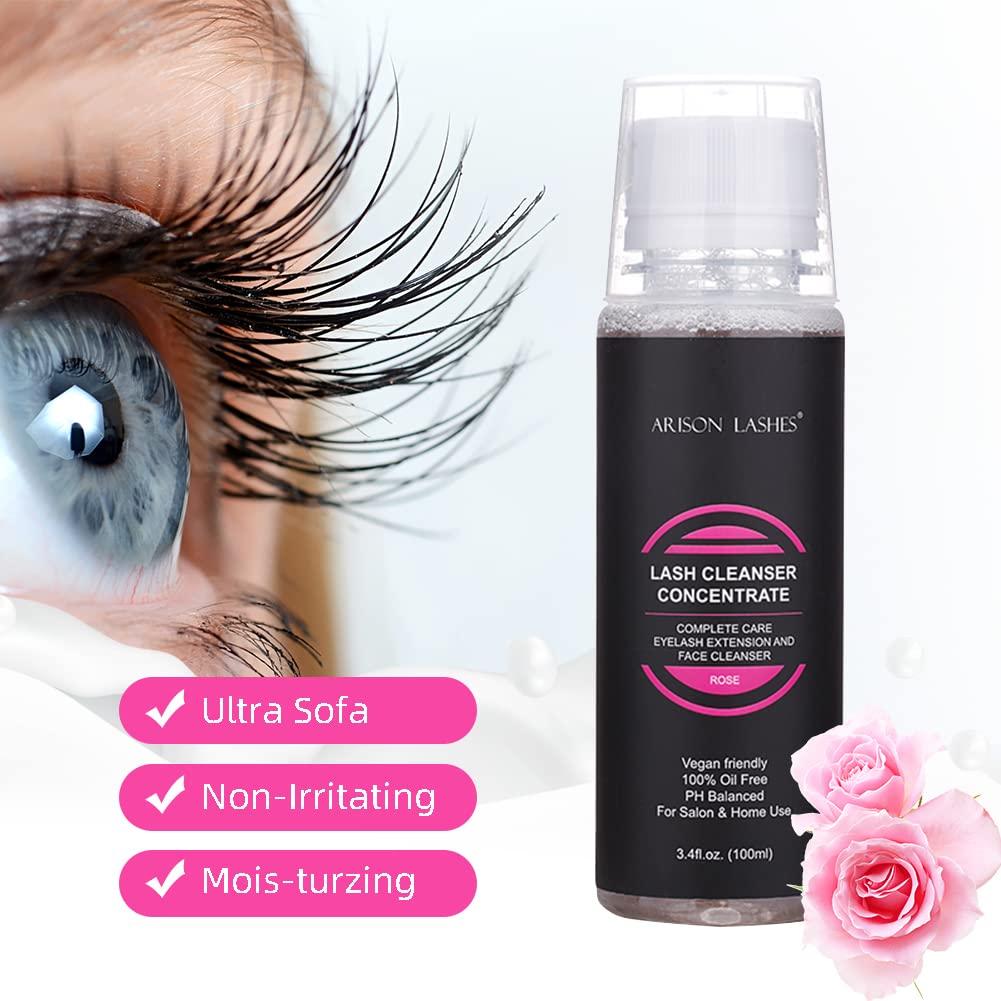 ARISON LASHES Eyelash Cleanser Concentrate 100ml Professional Lash Extensions Shampoo Natural Foaming Cleanser for Extensions Lashes with Salon Home Care-Makes 10 Bottles 60ml Eyelash Shampoo(Rose)