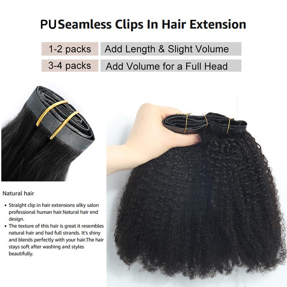Kiss darling LASHES Afro Kinky Curly Seamless Clip In Human Hair Extensions for Women,PU Invisible Clip Ins Hair Extensions Real Human Hair 4B 4C Afro Curly Clip Ins 24\"inch