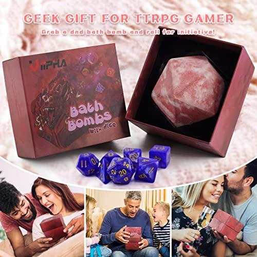VIIPHA Huge D20 Bath Bombs with Full Surprise Set of Polyhedral Dice Inside, D&D Inspired Dragon Blood Bath Bomb 11oz with Gift Box - Perfect for Dungeon Master, Player and Tabletop RPG Nerd