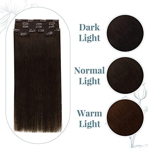 RUNATURE RUNATURE Dark Brown Clip in Hair Extensions Short 12 Inch Dark Brown Human Hair Clip in Extensions Full Head Brown Clip in Human Hair Extensions 80g 7pcs Straight Brunette Hair Extensions
