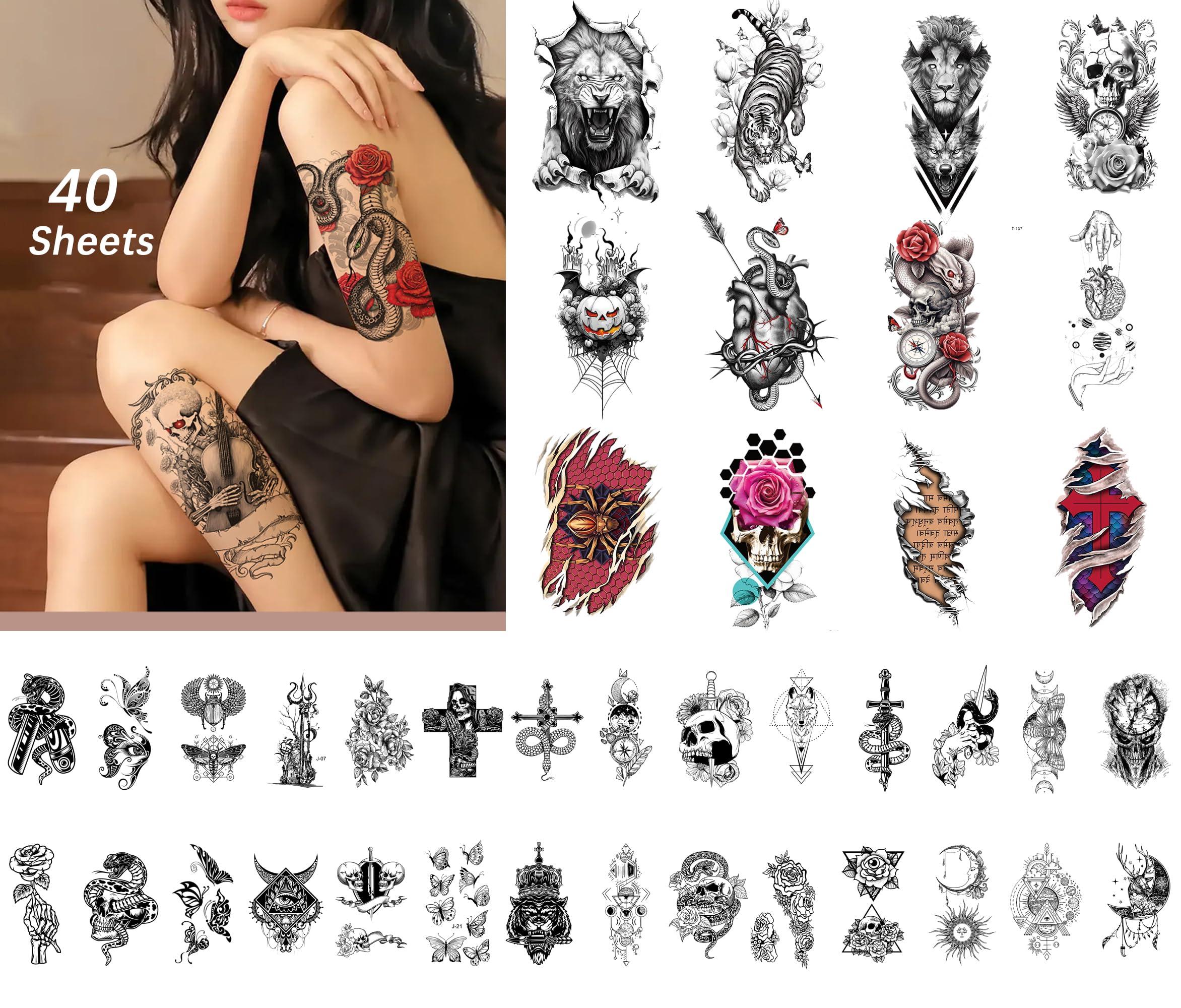 MuDson 40 Sheets Semi Permanent Tattoo for Adults, 12 Sheets Fake Tattoos for Arm Chest Shoulder, 28 Sheets Removable Tattoos for Men or Women