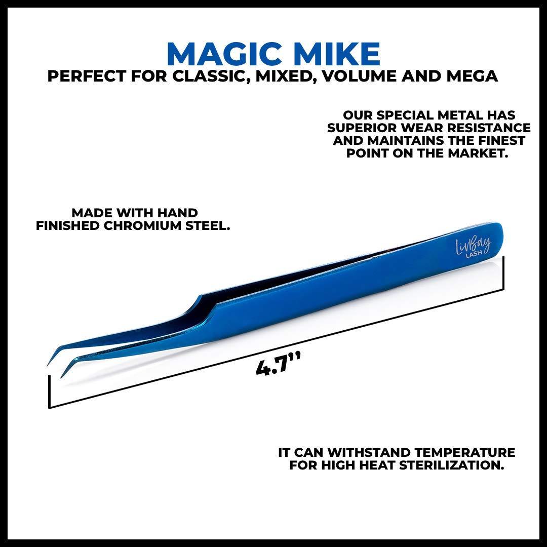 LIVBAY LivBay Lash - Blue Magic Mike Eyelash Stainless Steel Tweezer for Volume Lash Extensions | Curved Tip | False Lash Applicator Tool (Professional Use Only)