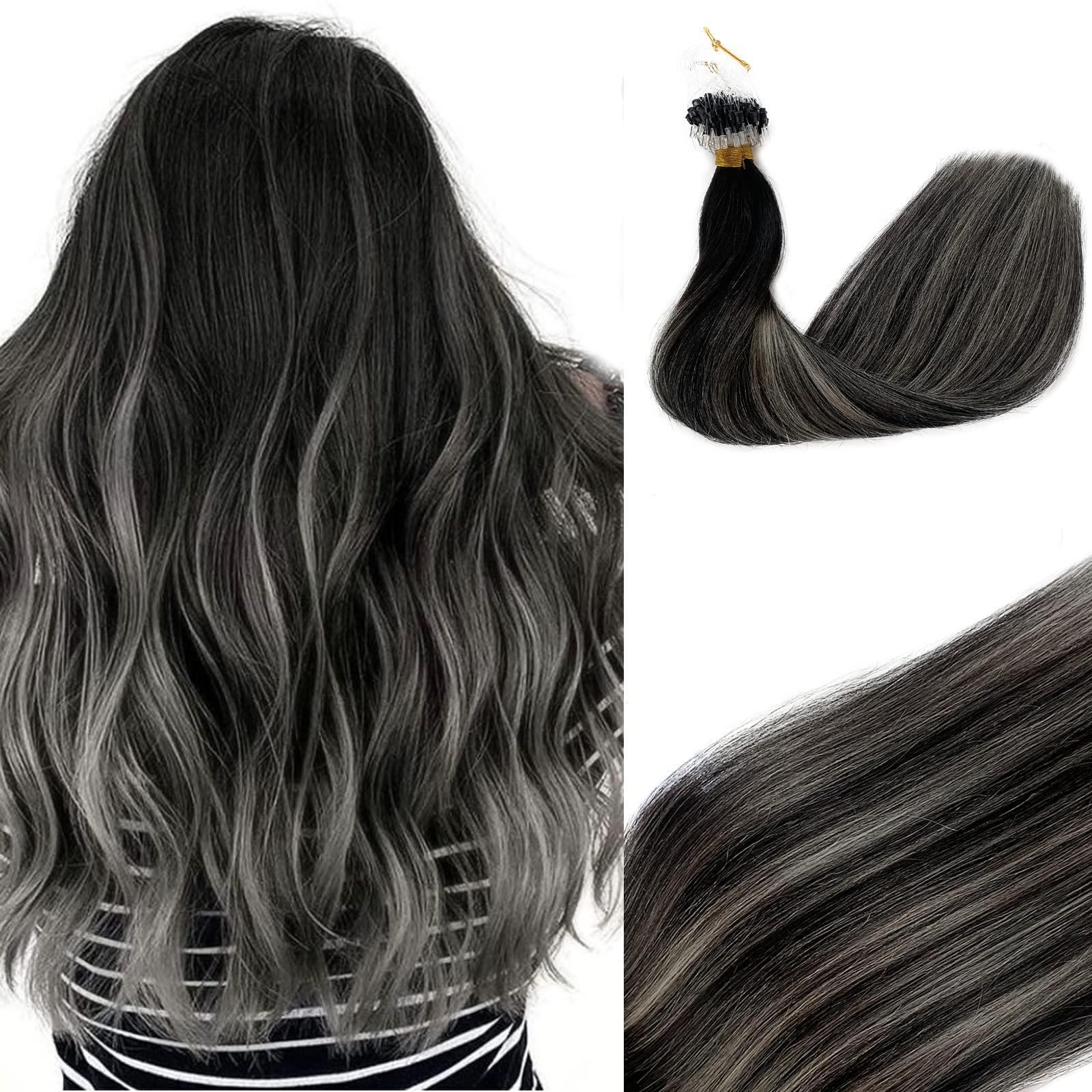 Smavida Ombre Black Hair Extensions Micro Loop Human Hair,Balayage Ombre Off Black to Grey Silver Remy Human Hair Extensions Ombre Long Straight Micro Ring Hair Extensions for Women 50g 1g/strand