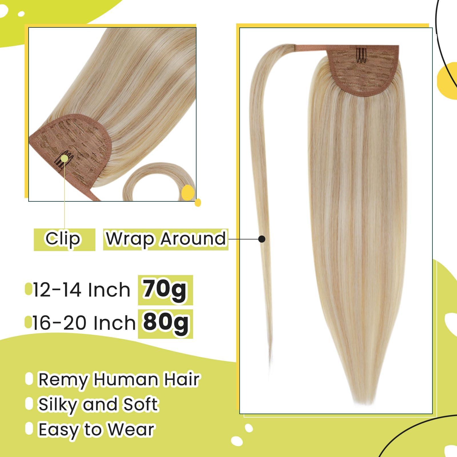 RUNATURE RUNATURE Human Hair Ponytail Extension 18 Inch Ash Blonde with Platinum Blonde Ponytail Extension Human Hair with Magic Paste Full Ends Long Real Hair Ponytail Extensions Wrap Around Thick 80g