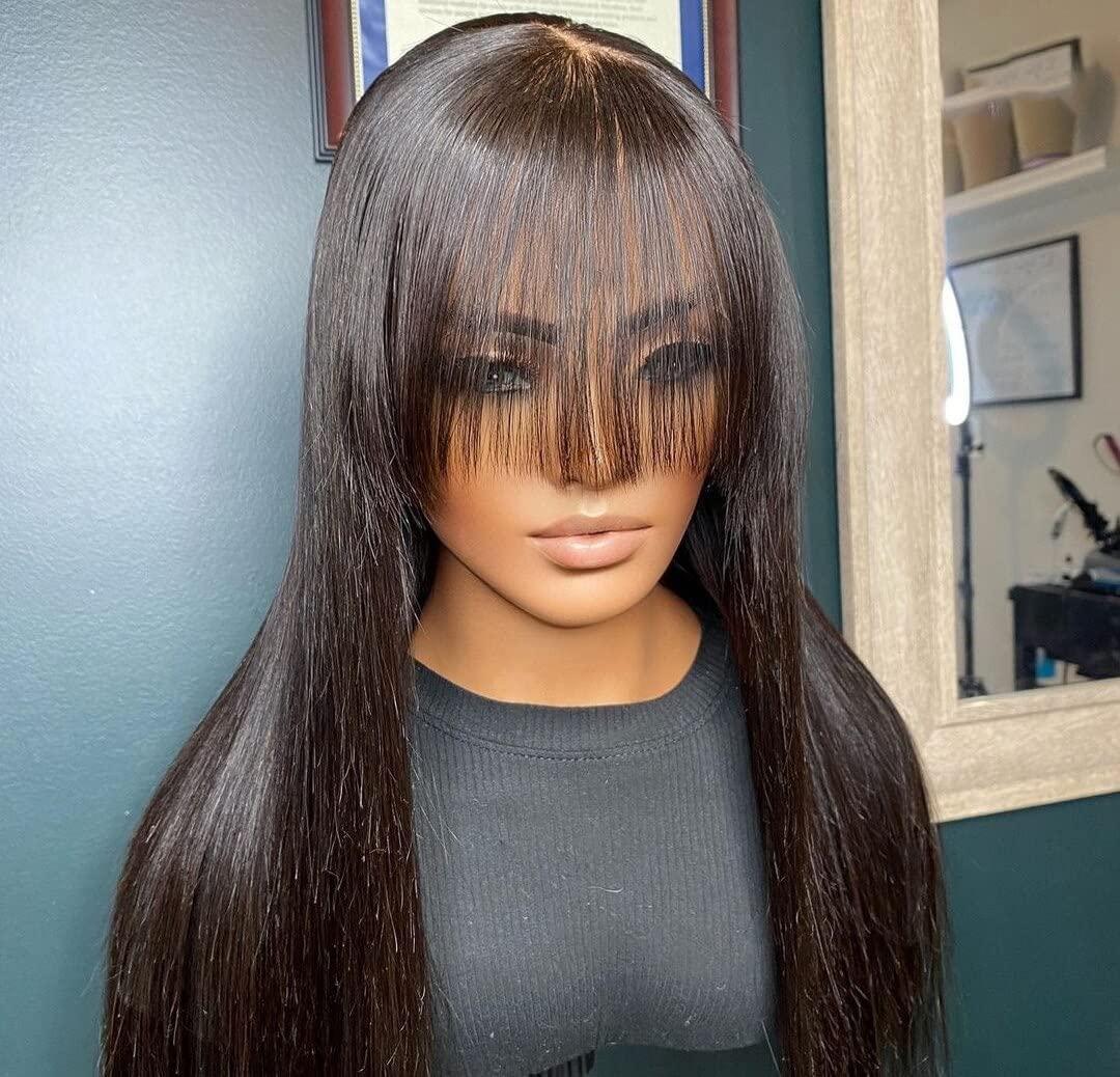 HAOKE Silk Top Wig Human Hair Straight Wigs Human Hair for Black Women Long Black Wig With Bangs Real Human Hair Jet Black Glueless Human Hair Wigs Middle Part Lace Front Wigs (20inch,Jet Black )