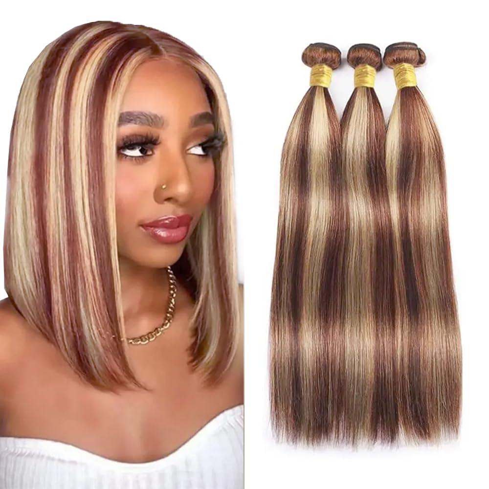 LadrXadr Highlight Bundles 613 Human Hair Bundles #33 Brown Straight Human Hair Bundles 12 14 16 inch 3 Bundles Blonde Human Hair Bundles 613/33 Straight Human Hair Bundles