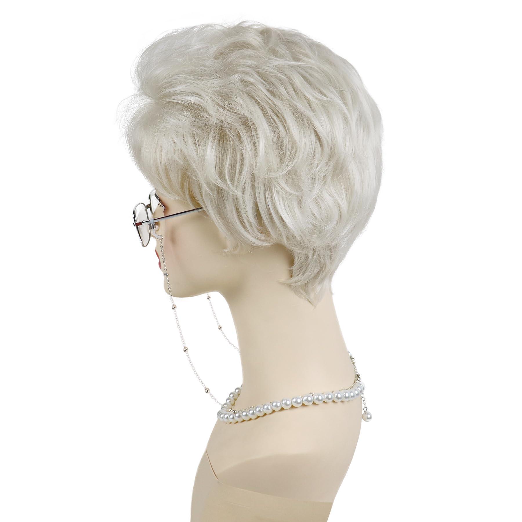 GNIMEGIL GNIMEGIL Platinum Blonde Short Old Lady Wig Set Synthetic Hair Grandma Wig for 100 Days of School Halloween Costume Granny Mommy Outfits White Women Curly Wig with Glasses, Necklace for Older Kids