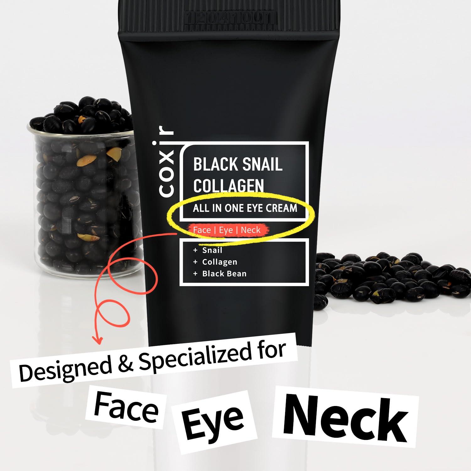 COXIR coxir BLACK SNAIL COLLAGEN ALL IN ONE EYE CREAM for eye, neck and face | Black-3-Complex: Black Rice, Collagen| Paraben Free, Cruelty Free, Good for Christmas Stocking Stuffers [30ml/1.01 fl.oz]