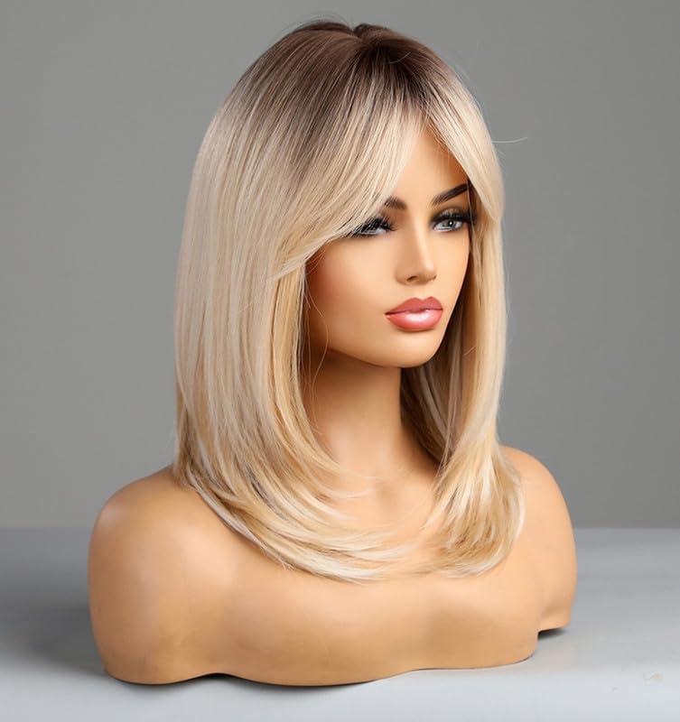 vedar vedar Honey Blonde Wigs with Bangs, Ombre Brown to Blonde Synthetic Hair Wig, Middle Part Shoulder Length Part Natural Straight Wigs for Women, VEDAR-163